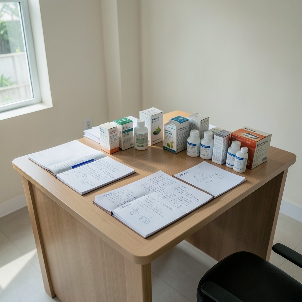 Quiet office worktable with category notes and packaged goods samples