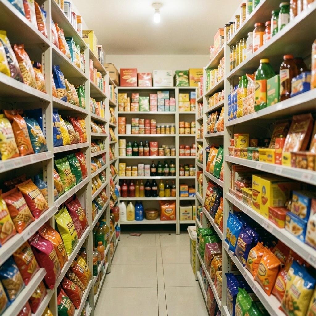 Compact mini-mart shelves stocked with everyday packaged goods