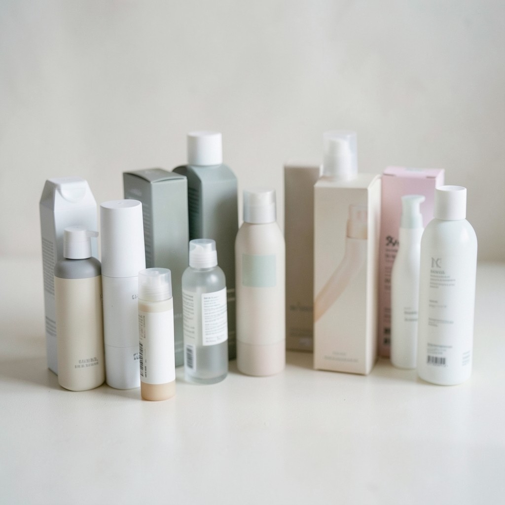 Assorted personal care and beverage packs showing front labels