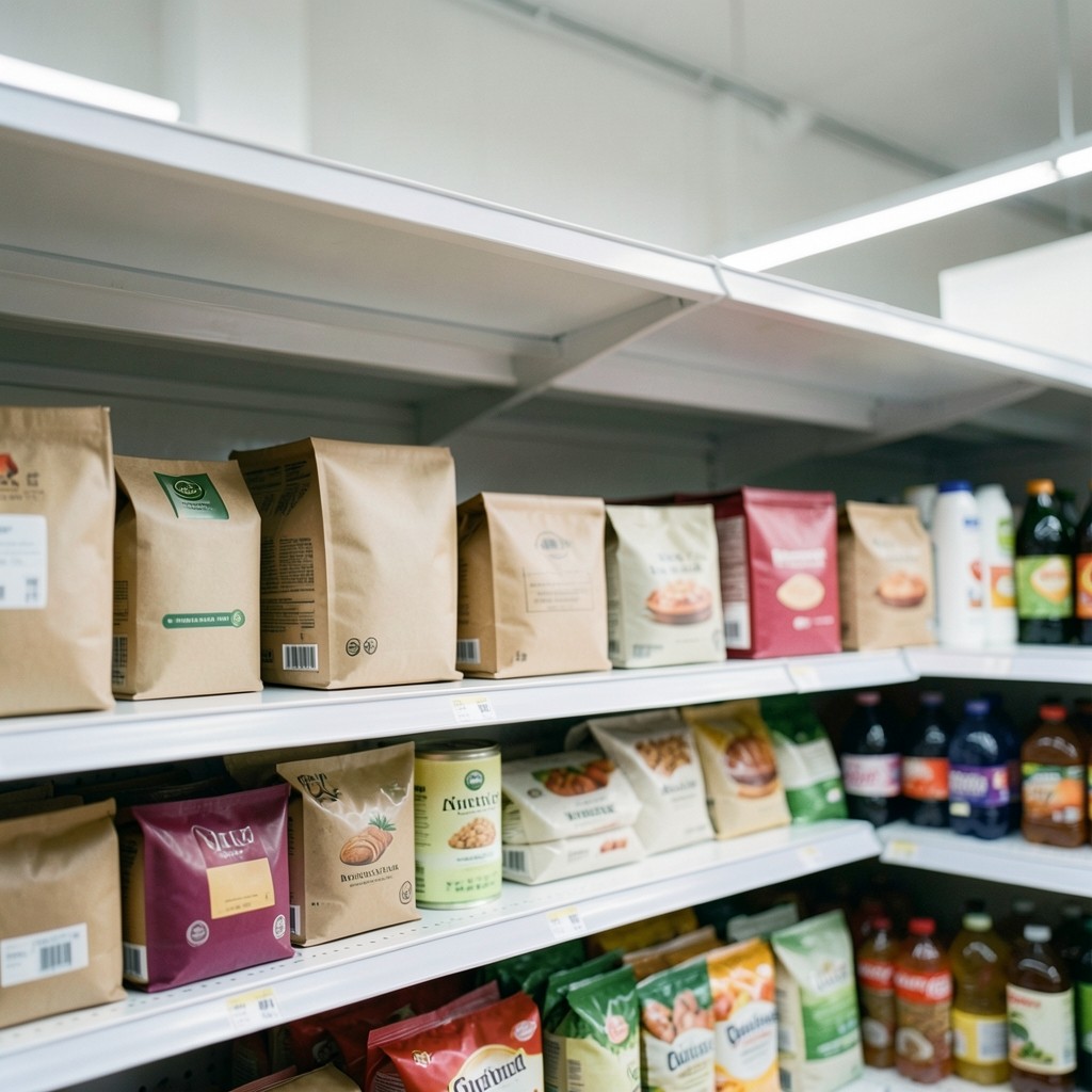 Packaged goods arranged in a tidy supermarket shelf set