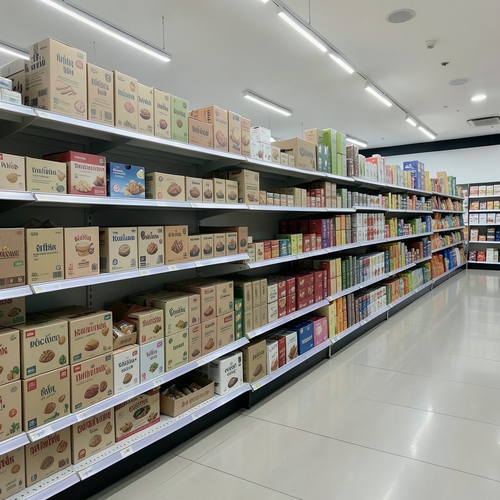 Supermarket shelf mid-reset with packaged goods partially rearranged