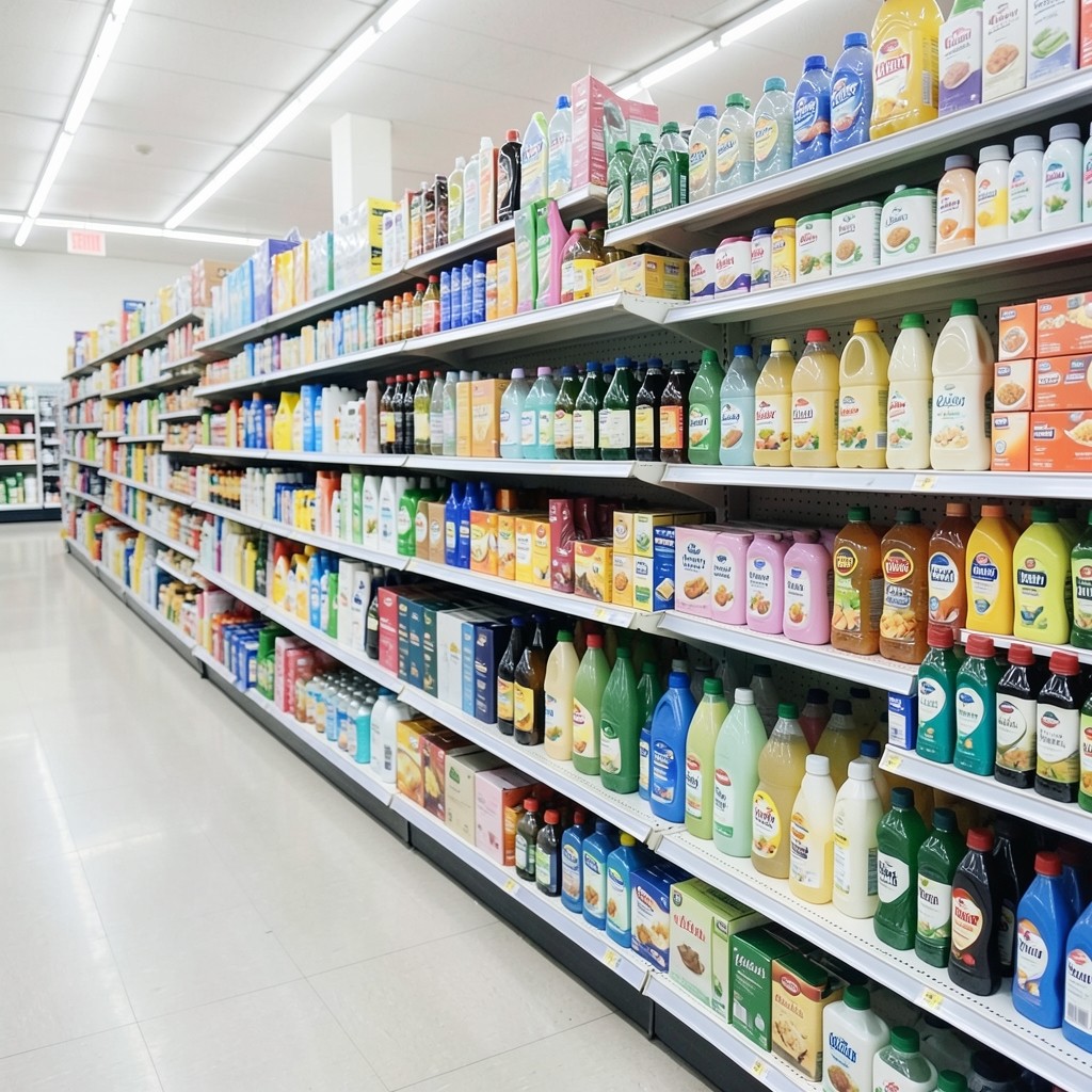 Assortment of everyday packaged goods categories on a retail shelf