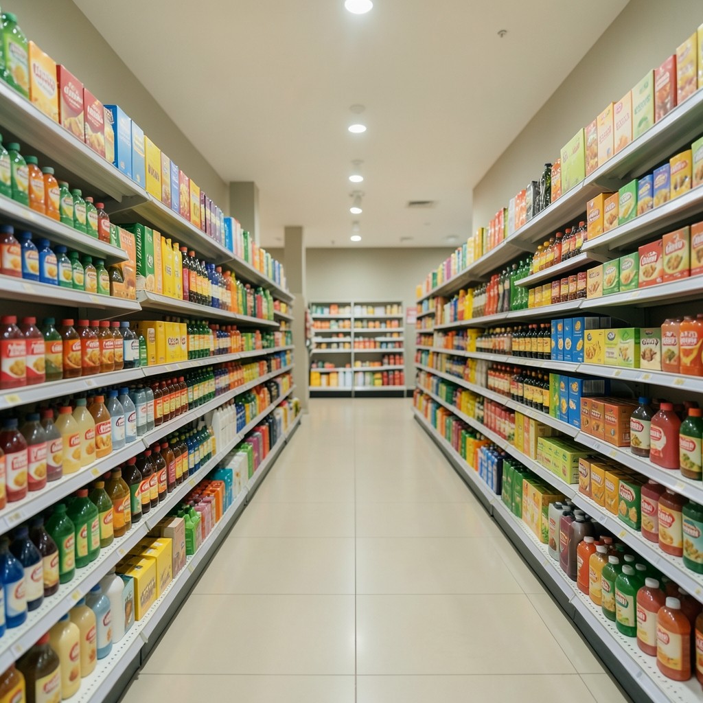 Modern-trade aisle lined with consumer packaged goods under soft store lighting