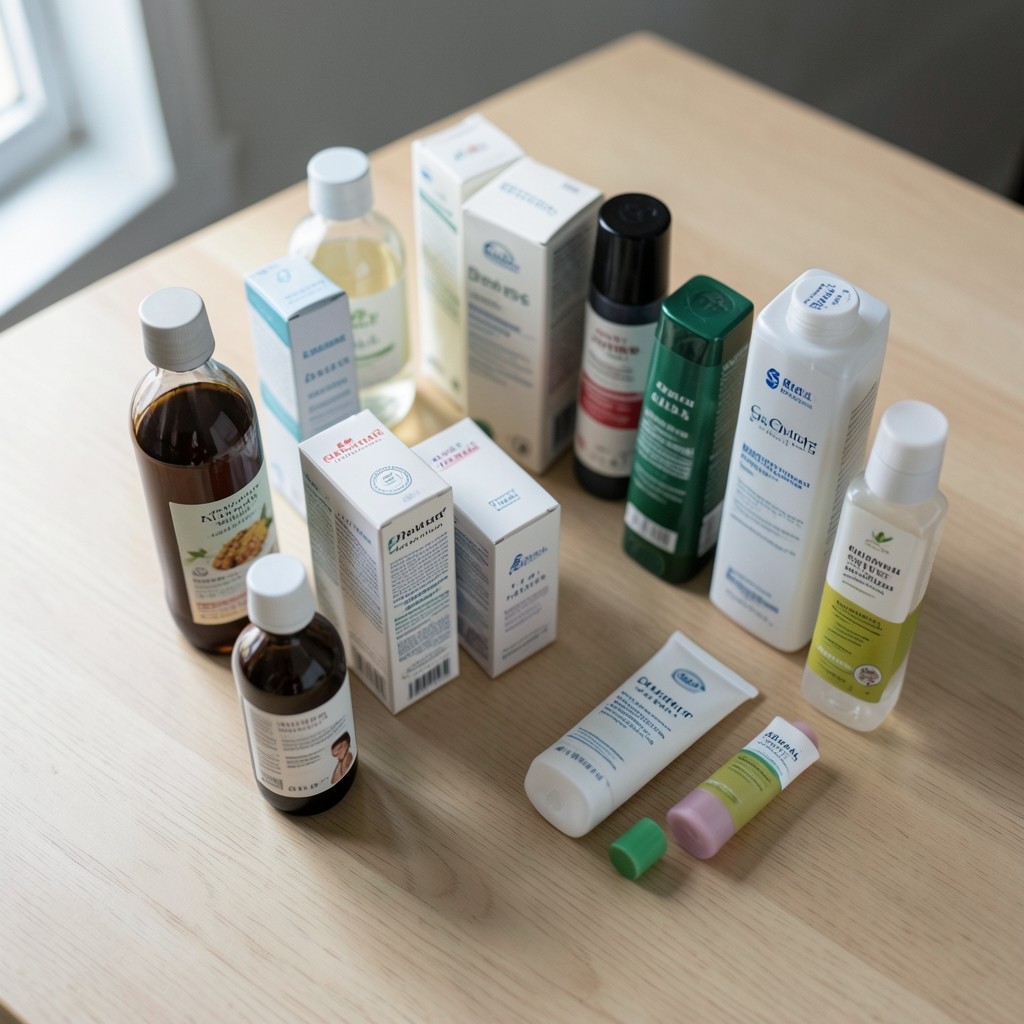 Close arrangement of consumer packaged goods bottles and cartons on a work table