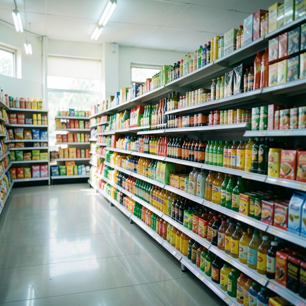 Supermarket aisle with packaged goods lined on metal shelves